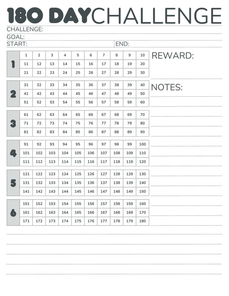 180 Day Challenge Calendar Free Printable