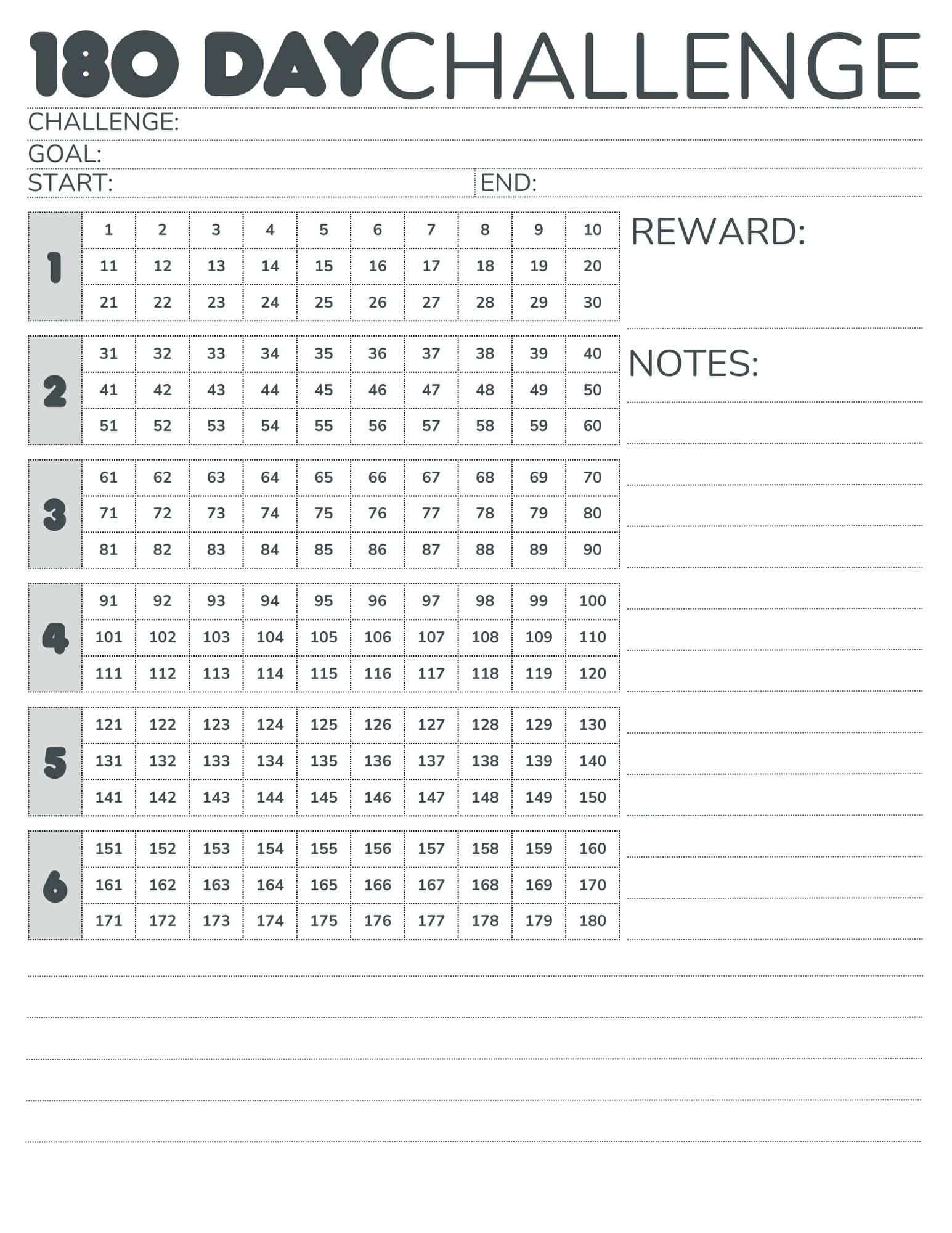 180 Day Challenge Calendar Free Printable