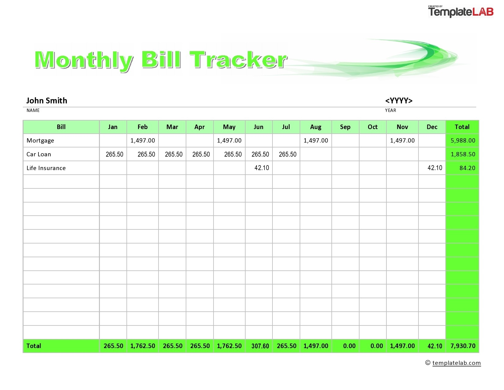 Monthly Free Printable Editable Bill Chart