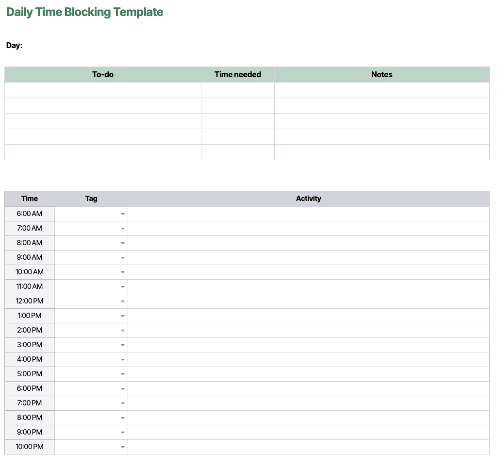 Printable Blank Time Management Chart