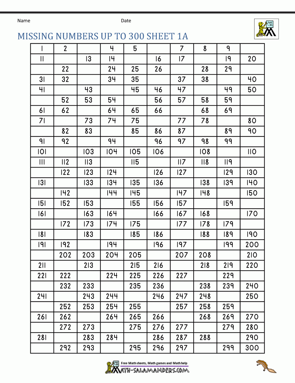 201 To 300 Number Chart