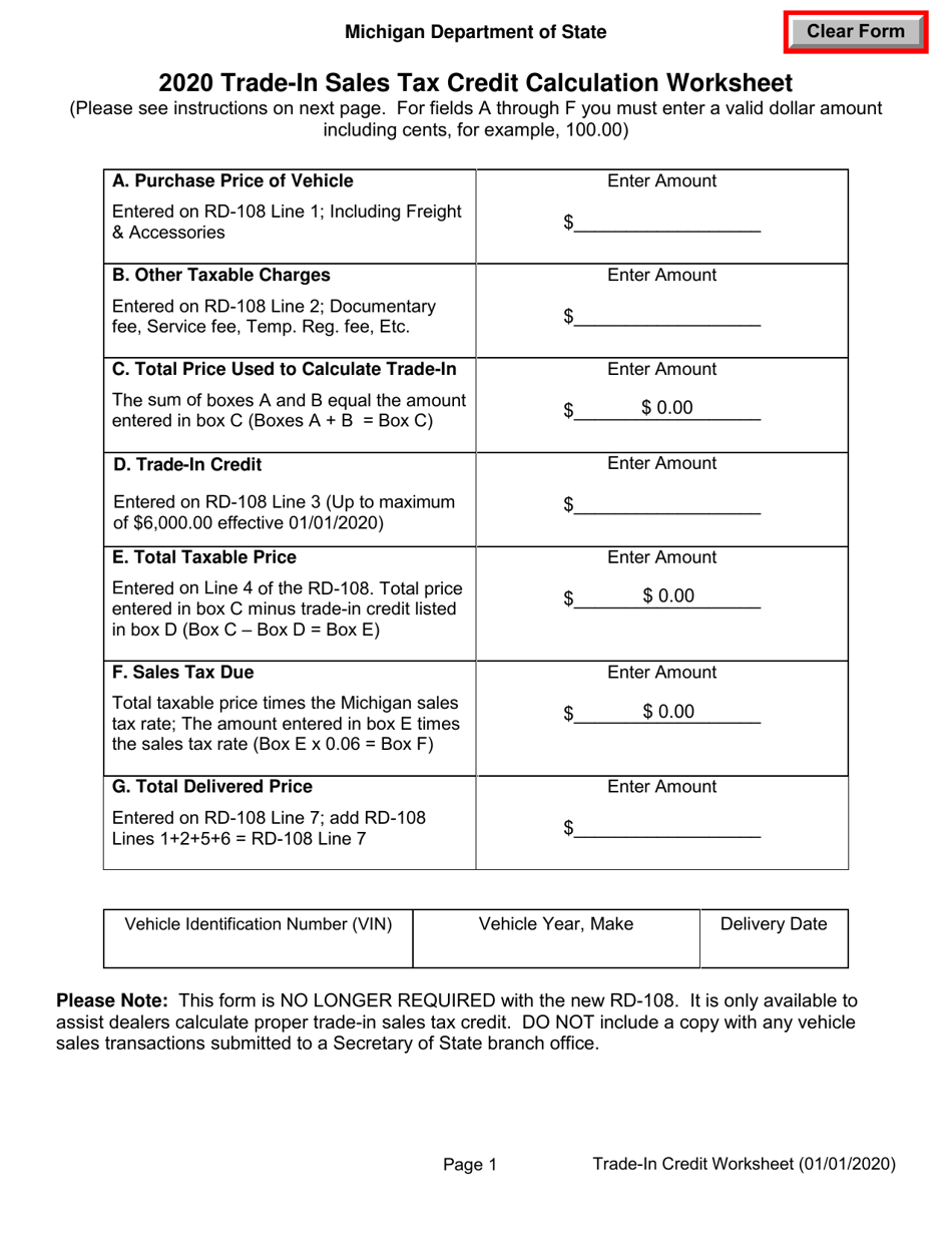 2020 Michigan Trade In Sales Tax Credit Calculation Worksheet Fill Out Sign Online And Download PDF Templateroller