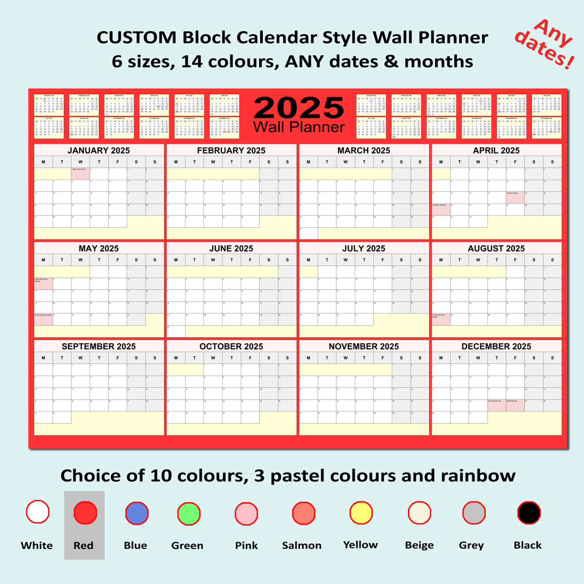 2025 Year Wall Planner Block Calendar Style Landscape 14 Colours 6 Sizes F EBay