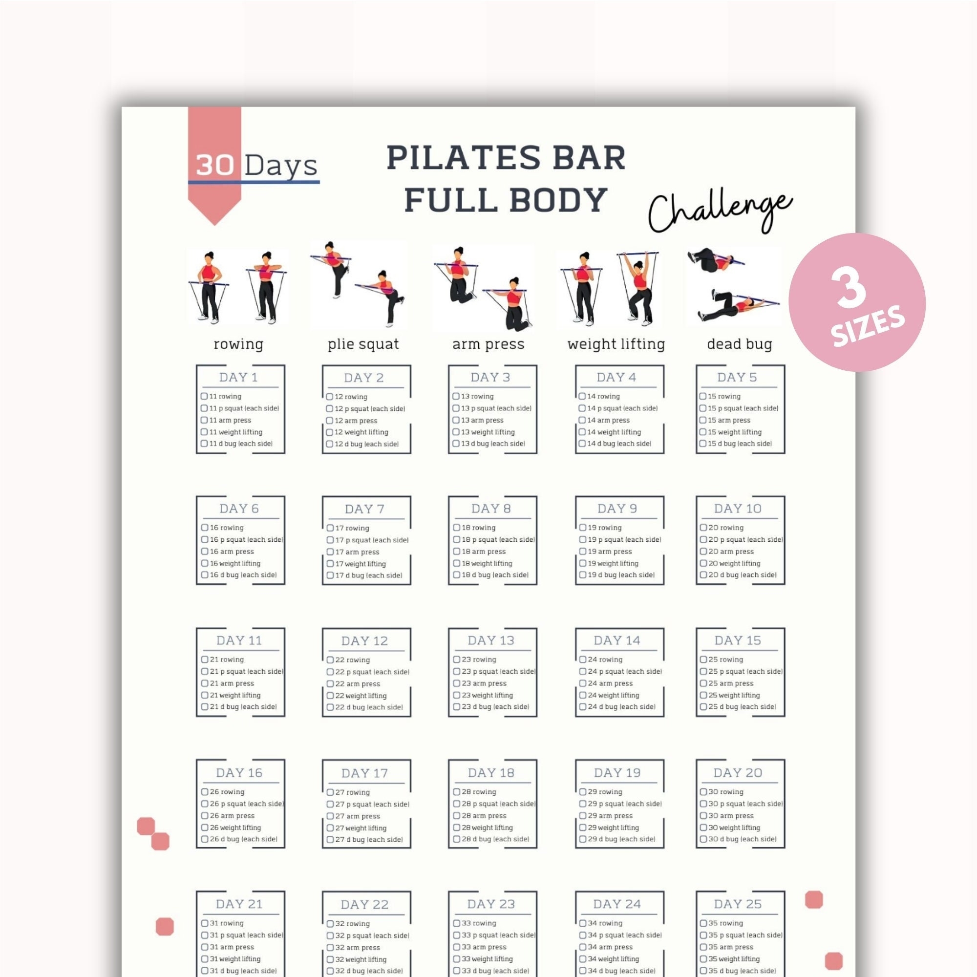 30 day Pilates Bar Challenge Full Body Workout Guide Printable Exercise Planner digital Download Etsy