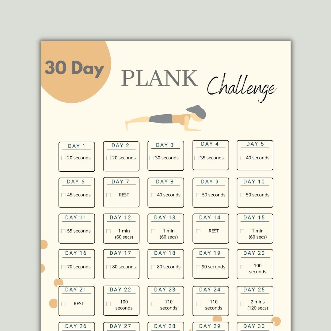 30 Day Plank Challenge Digital Fitness Guide Printable Plank Challenge Core Fitness Plank Tracker Etsy