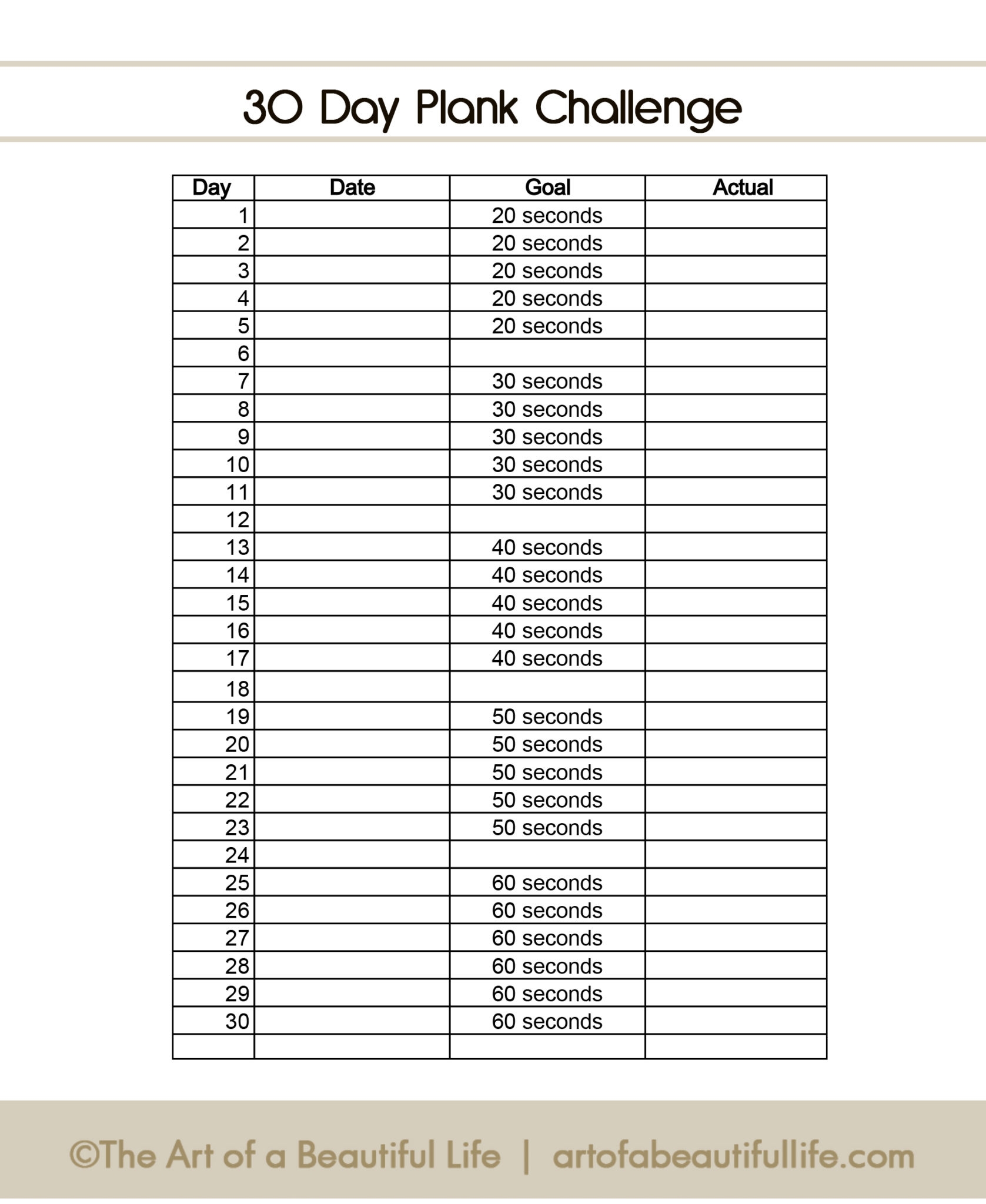 30 Day Plank Challenge Sheet free printable img The Art Of A Beautiful Life