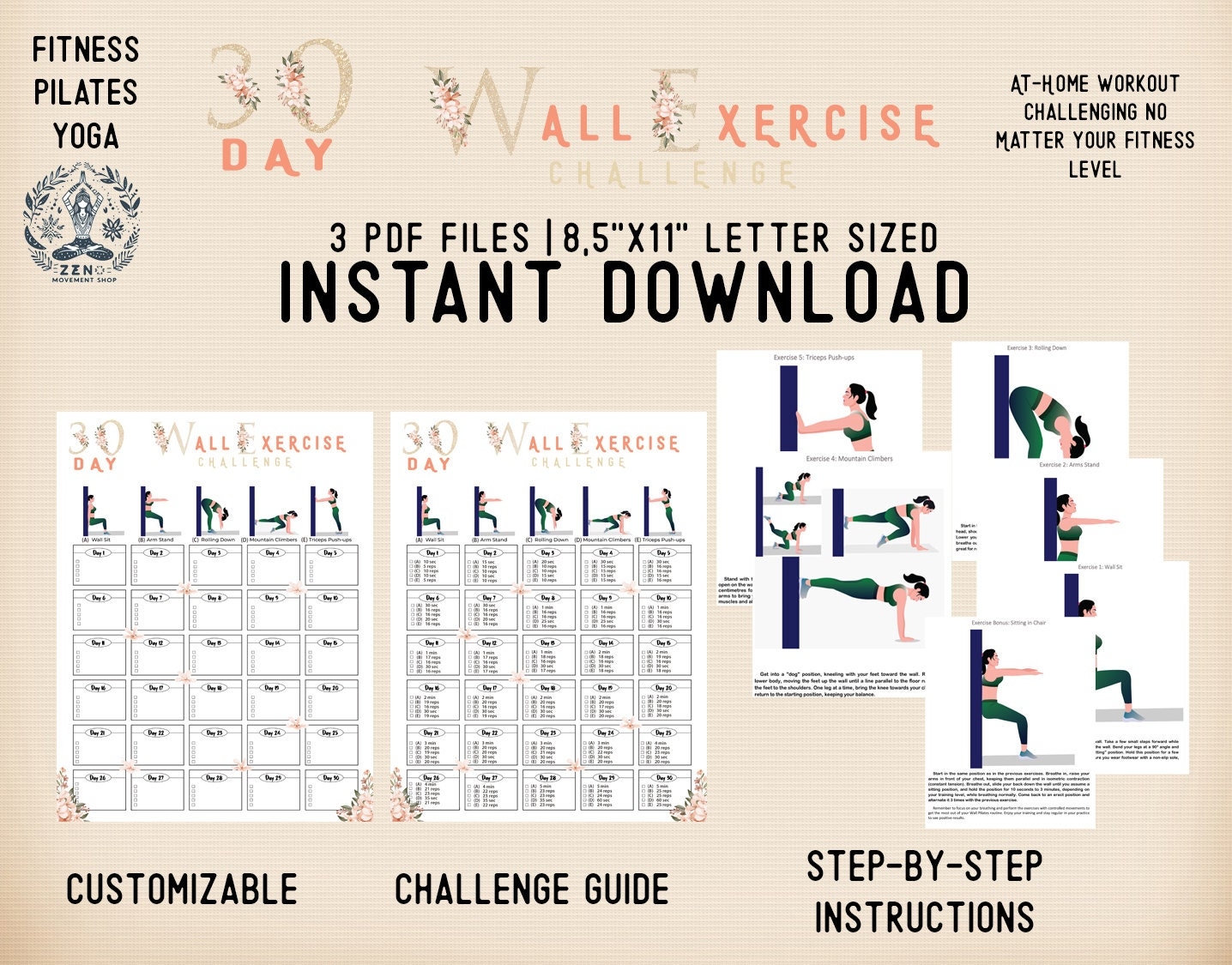 30 Day Wall Exercise Challenge Printable Wall Pilates Wall Fitness Lower Body wall Pilates Chart Digital Download A4 USL Etsy