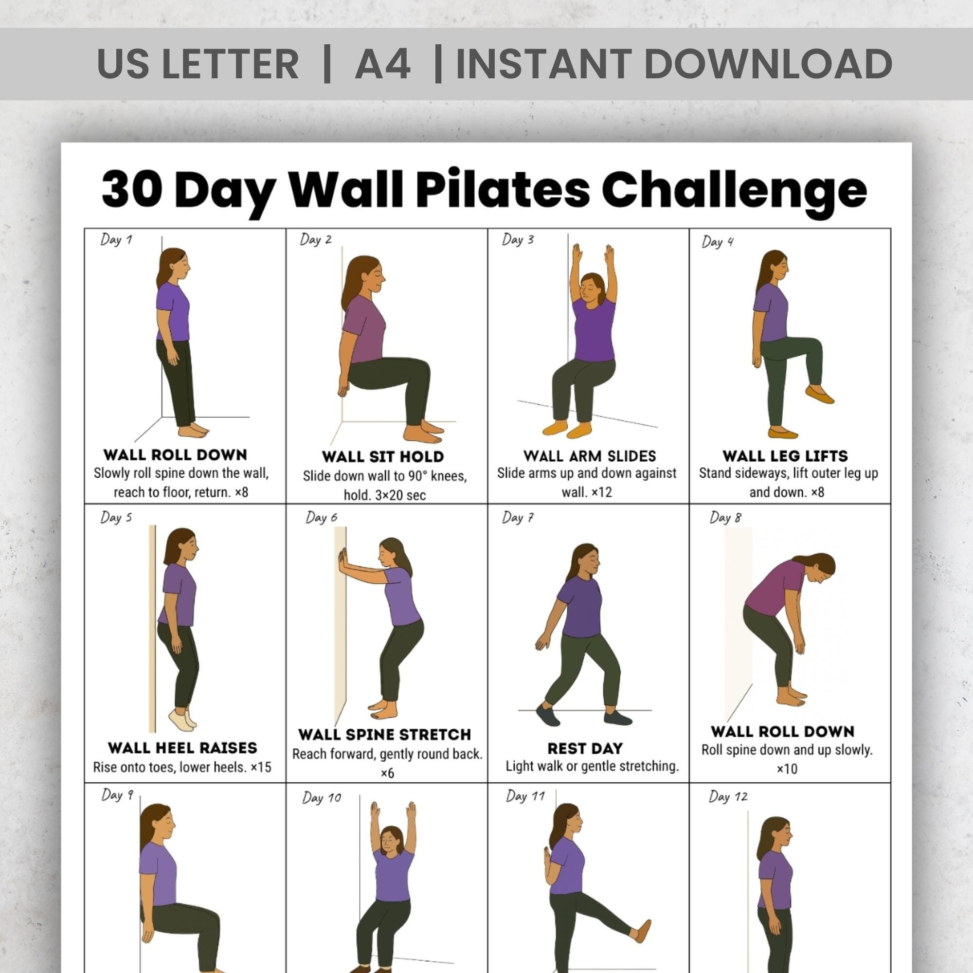 30 Day Wall Pilates Challenge Printable PDF Gentle Daily Wall Exercises Chart For Home Workout Beginner Friendly Instant Download Etsy