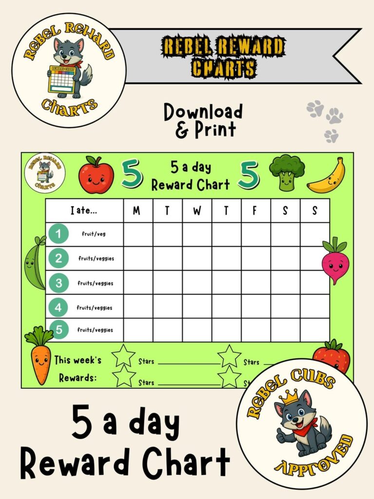 5 A Day Reward Chart For Kids Full Colour Printable Fruit Veg Tracker Rebel Cubs Approved A4 Download Etsy