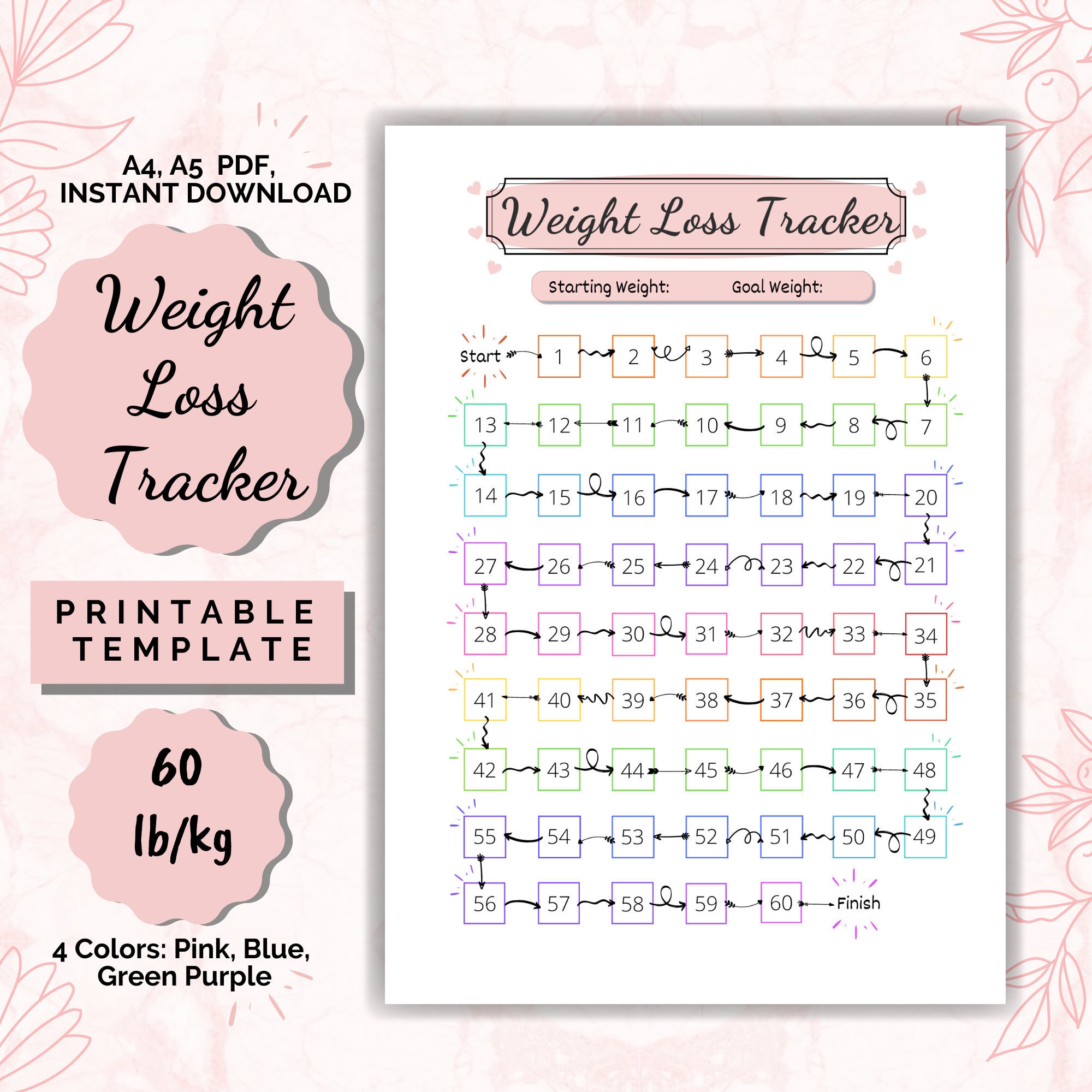 60 Lb kg Weight Loss Tracker Printable Motivational Chart A4 A5 PDF Etsy