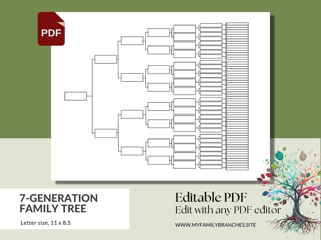 7 Generation Family Tree Editable PDF Template Pedigree Chart Worksheets Library