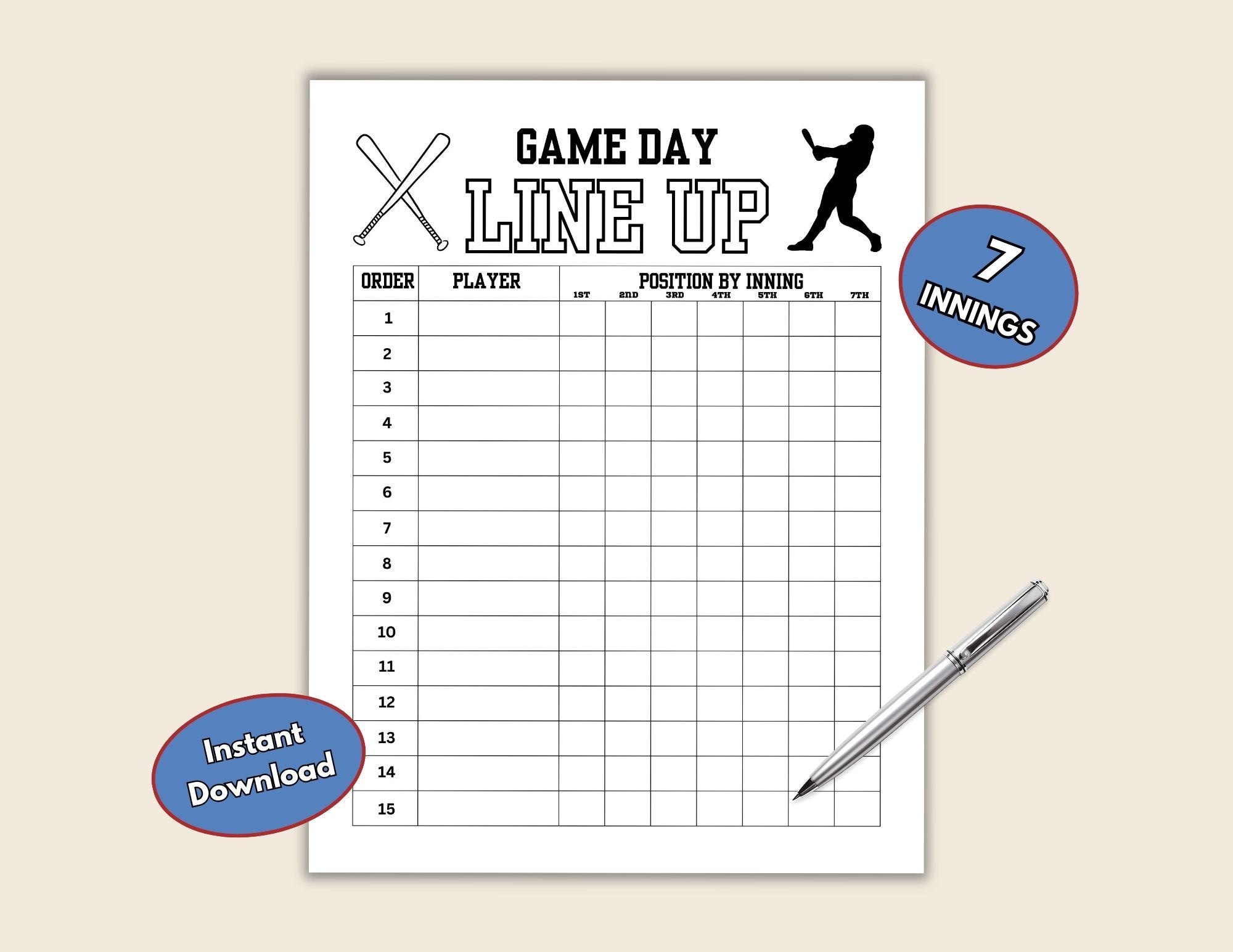 7 Inning Printable Baseball Batting Order And Lineup Sheet For Baseball Coach Or Dugout Line Up Card By Inning Game Day Planner For Coach Etsy