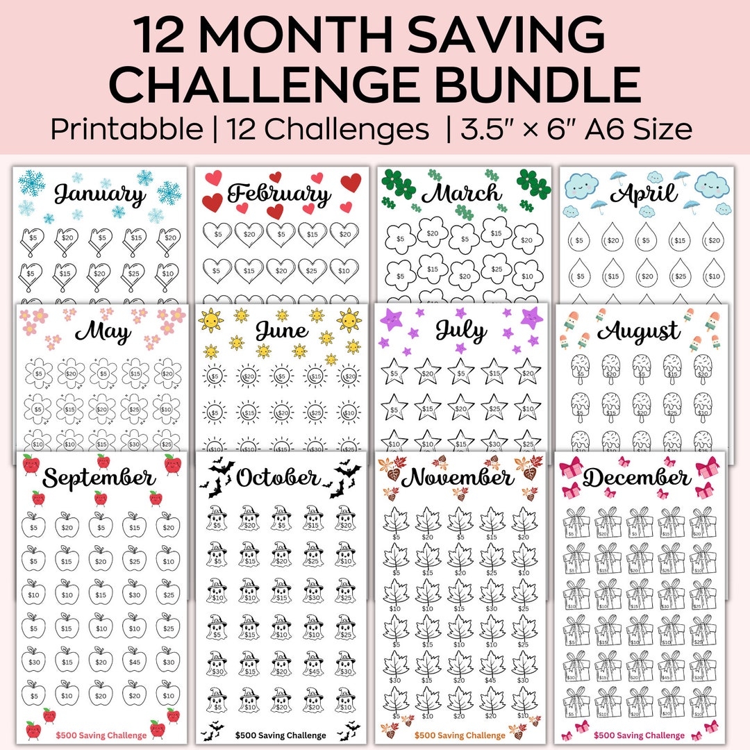 A6 Monthly Savings Challenge Printable Mini Savings Challenge Bundle Kids Savings Challenge A6 Saving Tacker Save 500 30 Day 12 Pages Etsy