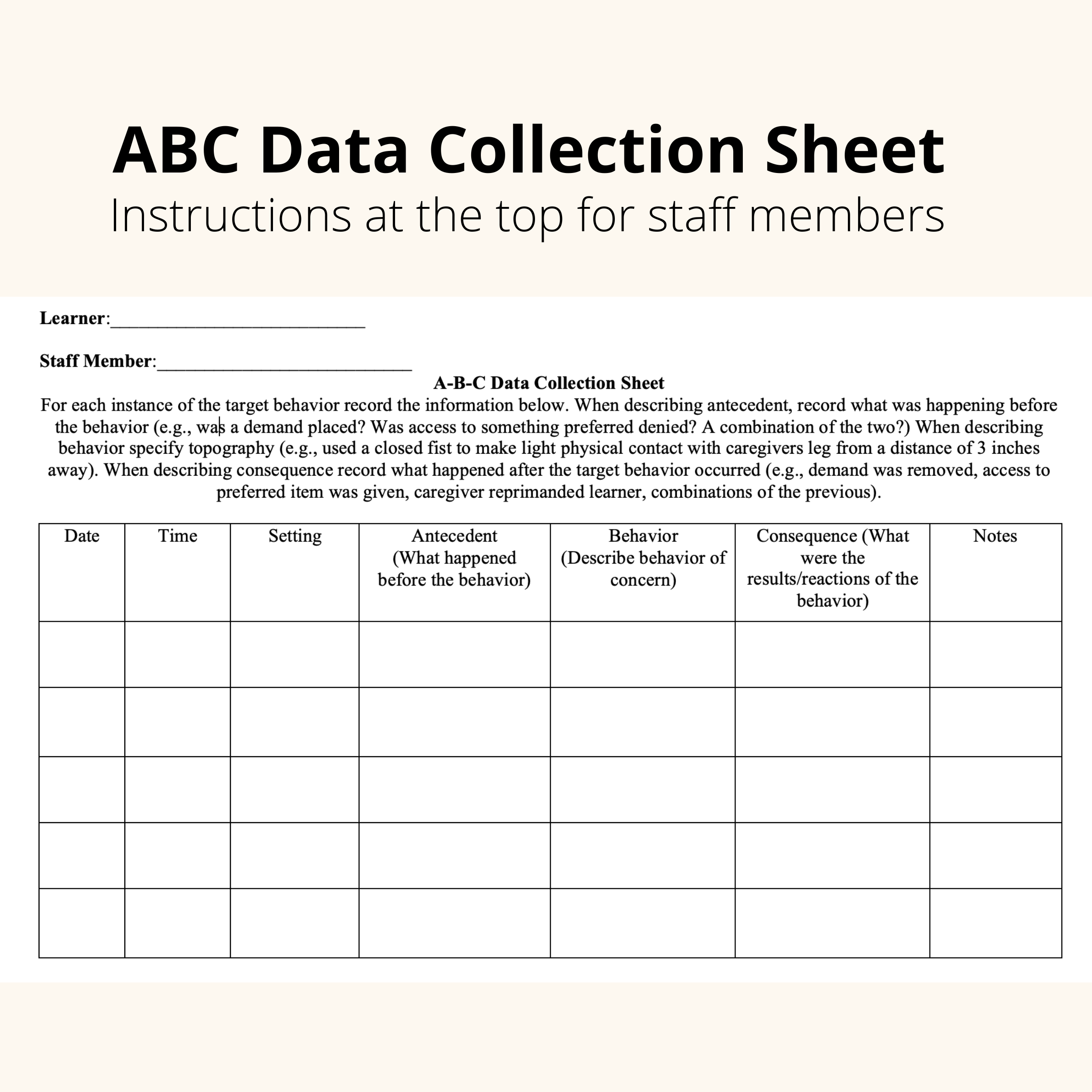 Printable Antecedent Behavior Consequence Chart