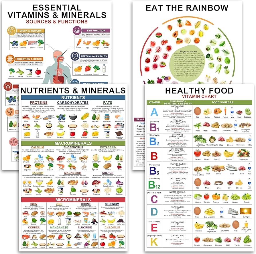 Amazon 4 Pcs Vitamin And Mineral Chart 11 X17 Healthy Food Chart Rich Nutrition Poster Food Protein Essential Vitamin Laminated For Classroom Nutrient Density Vertical Poster Eat The Rainbow Unframed Office