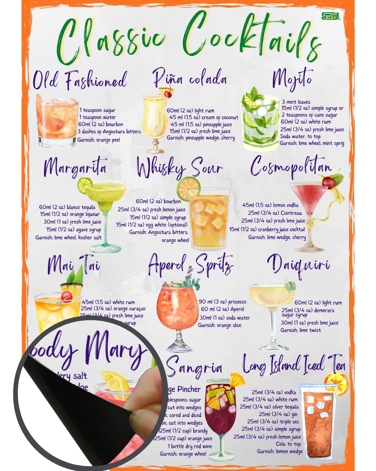 Amazon Classic Cocktails Recipes Magnetic Chart A4 Format Kitchen Pub Wall And Fridge Decor Stylish Colourful Informative Magnet Milliliters And Ounces Measurement Units Home Kitchen