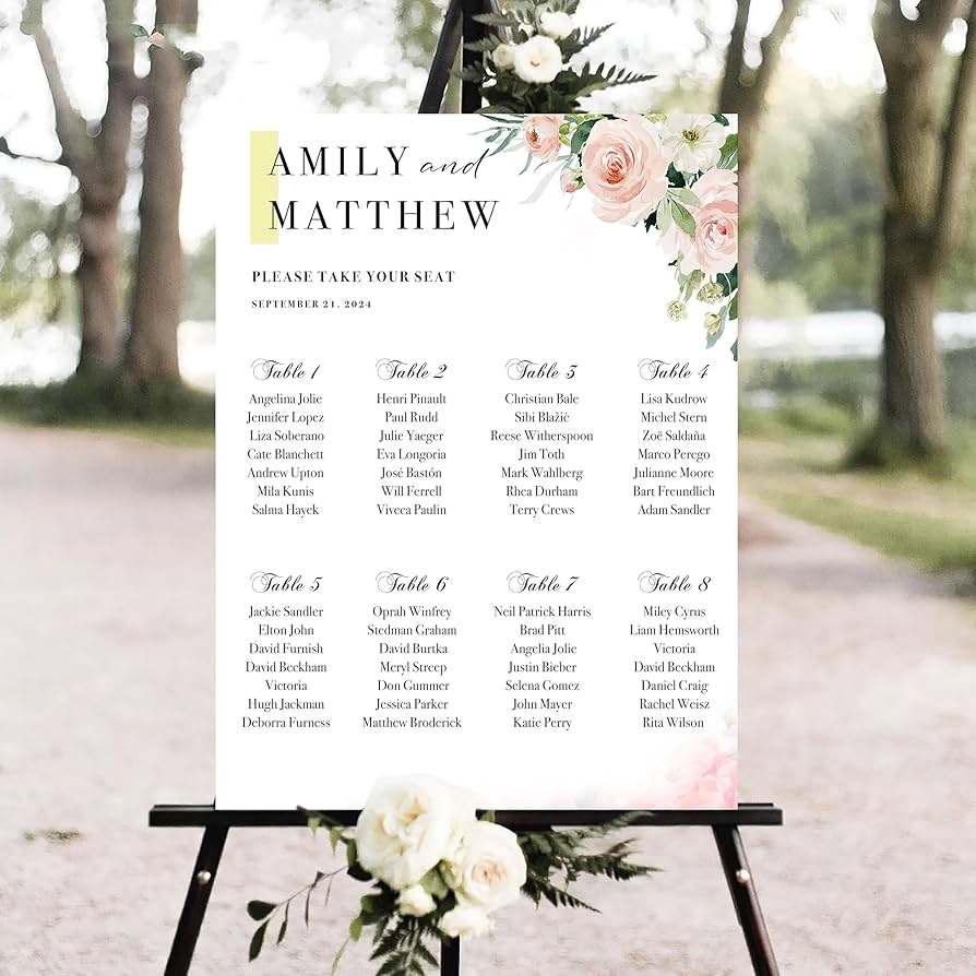 Amazon KOLSTRAW Personalized Wedding Seating Chart Custom Guest List And Seating Table Chart Wedding Find Your Seat Chart Plastic Sign Weatherproof Printed Front Back And Stand Option 7 Patio 