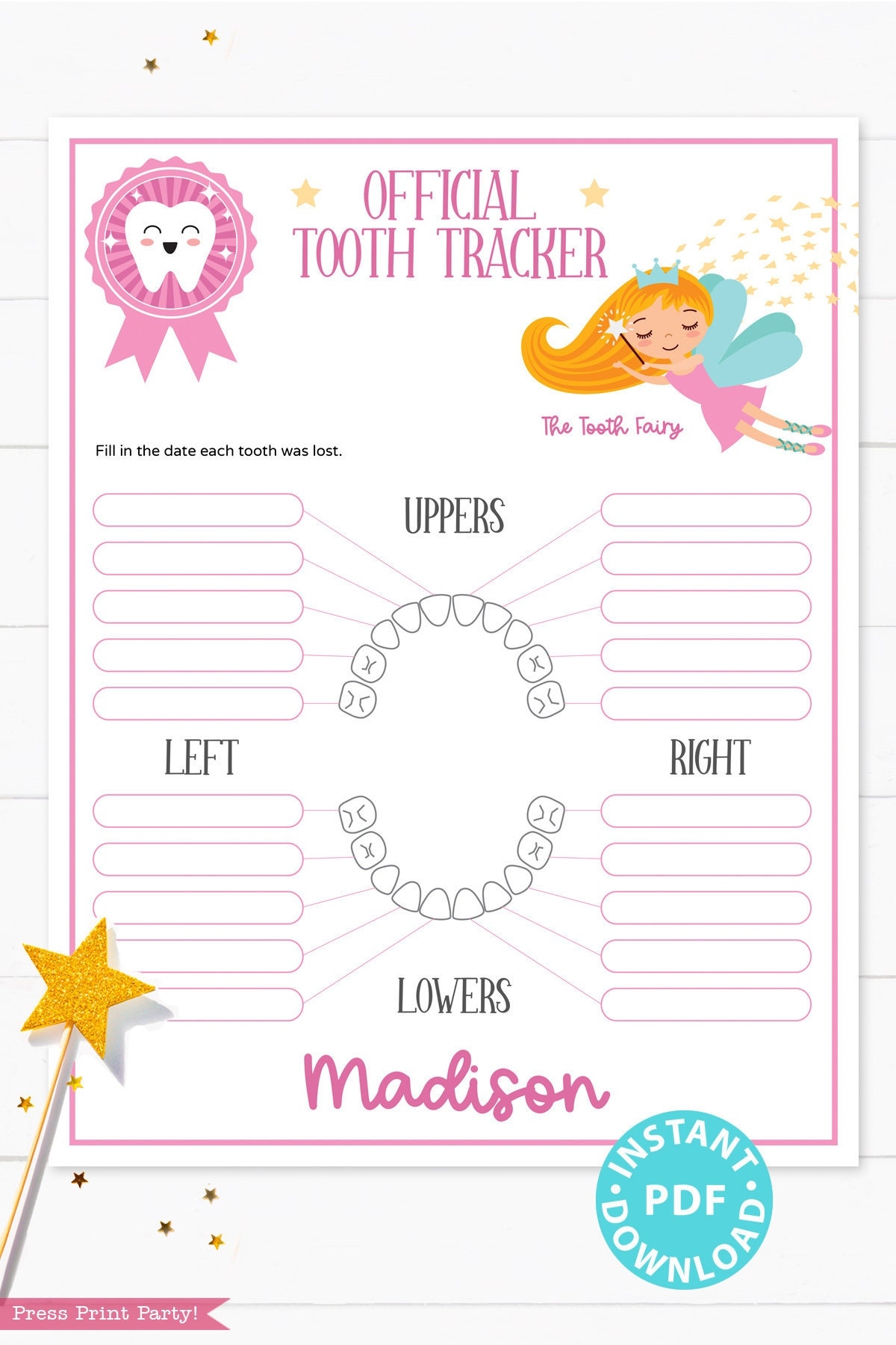 Baby Teeth Chart With The Tooth Fairy Printable Tooth Tracker Editable And Customizable Tooth Fairy For Girls INSTANT DOWNLOAD Etsy