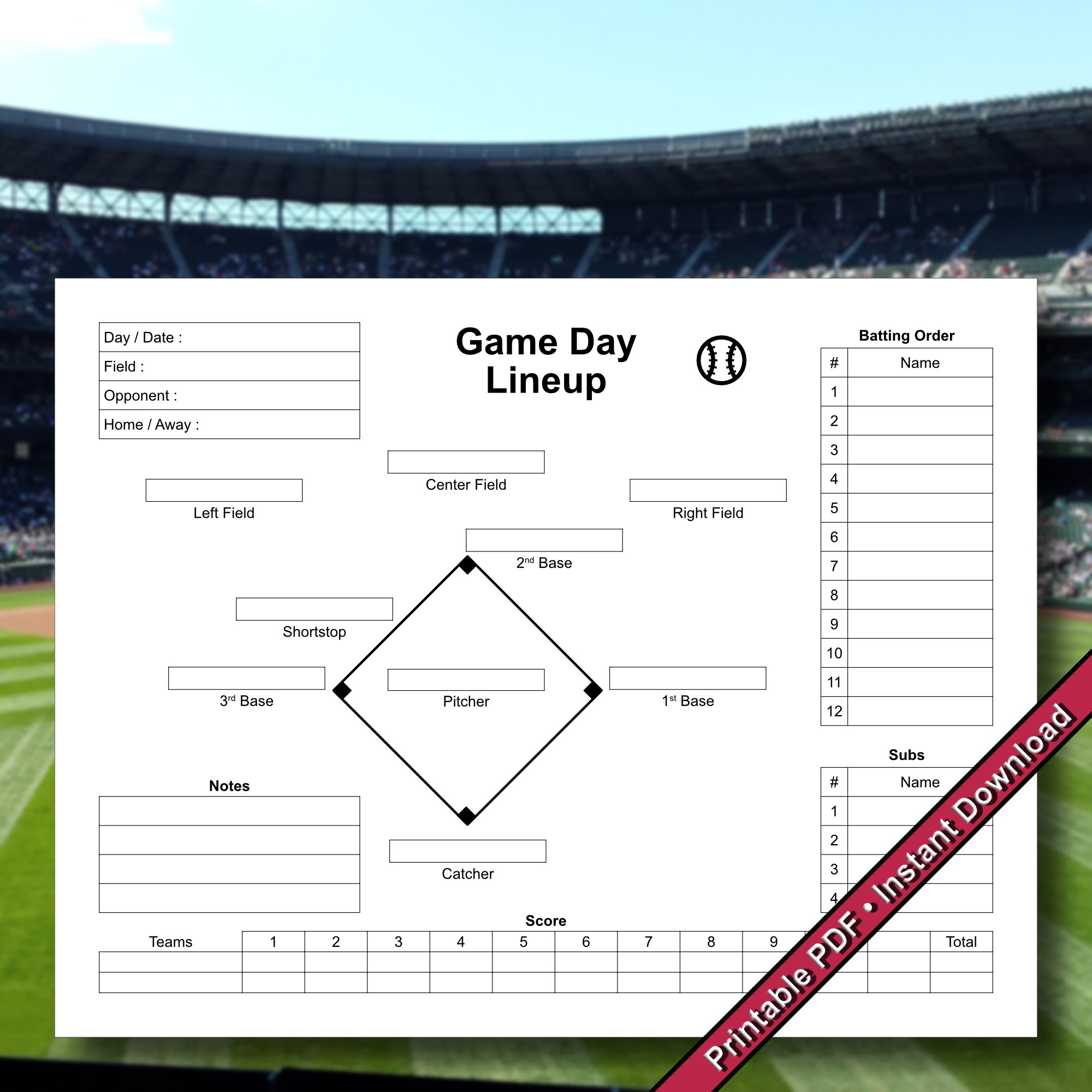 Baseball Game Day Lineup Form Printable PDF Instant Digital Download Etsy