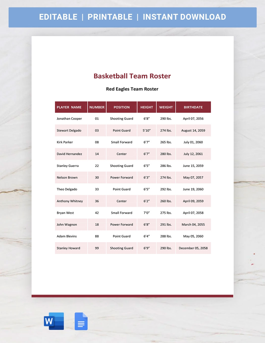 Basketball Team Roster Template In Word Google Docs Download Template