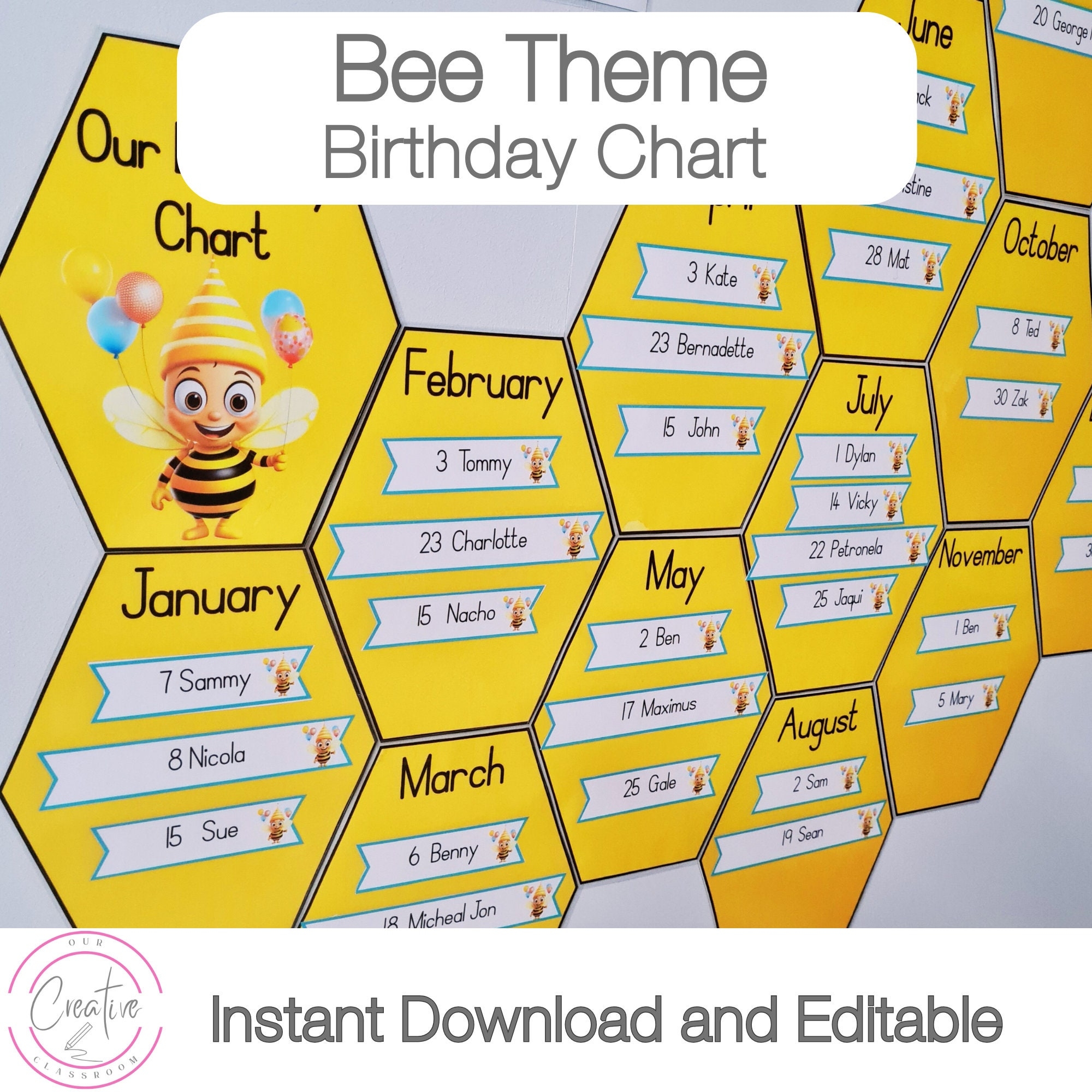 Bee Themed Classroom Birthday Chart Ideas Printable Birthday Charts For Kindergarten Instant Download A4 8 3