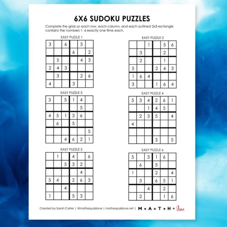 Beginner Sudoku 6x6 Printable Puzzles PDF 
