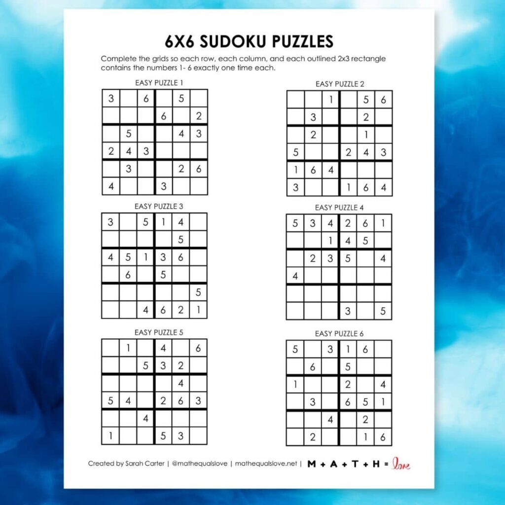 Beginner Sudoku 6x6 Printable Puzzles PDF Beginner Sudoku 6x6 Printable Puzzles PDF