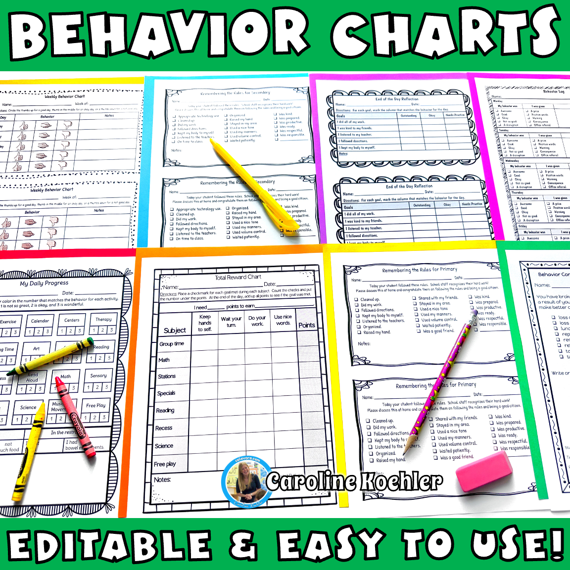 Behavior Charts Printable SET 4 Editable Individual Template To Log Weekly And Daily Caroline Koehler At Celavora Education