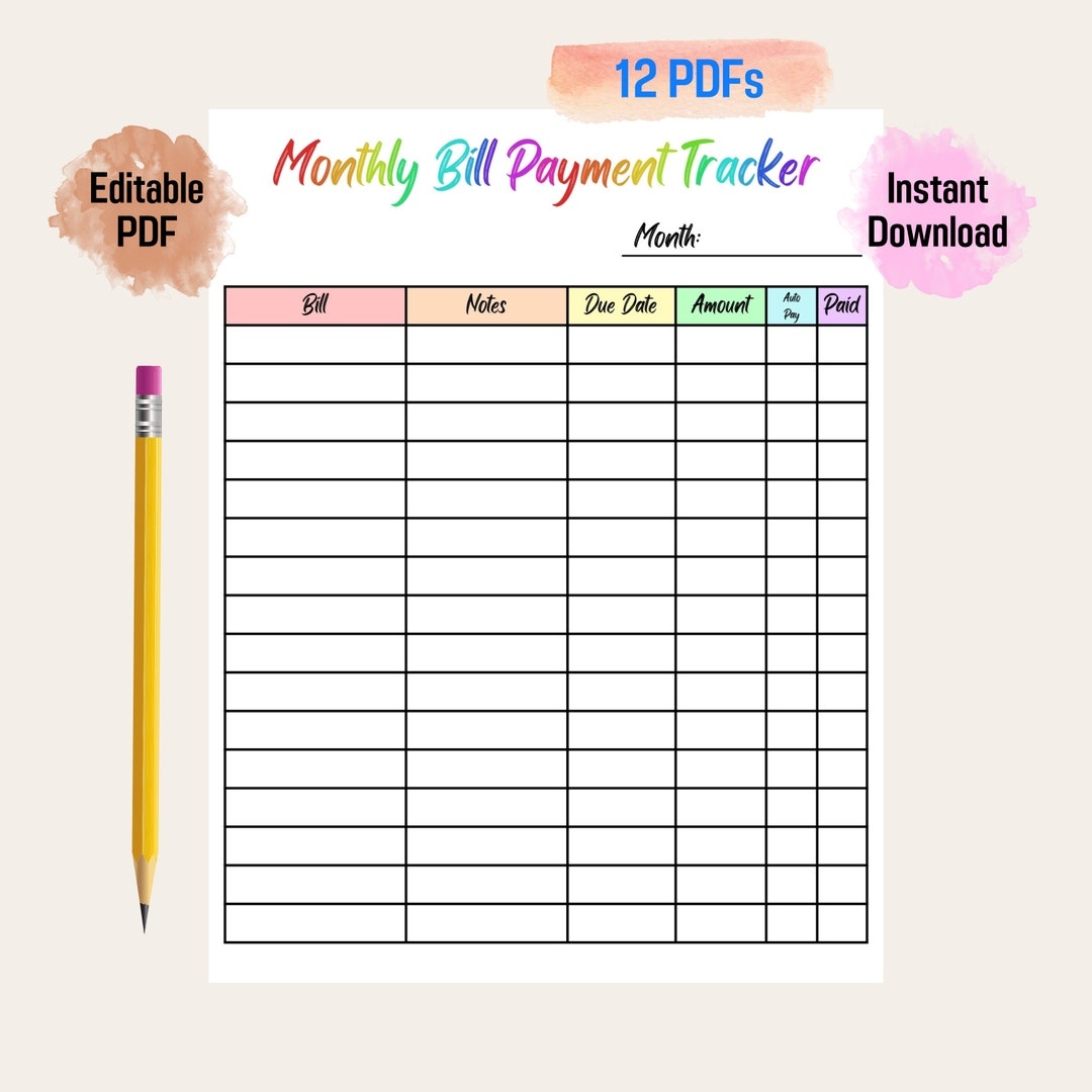 Bill Payment Tracker Rainbow Color Printable Editable Monthly Bill Tracker Budget Planner Bill Payment Log Bill Tracker Spreadsheet Etsy
