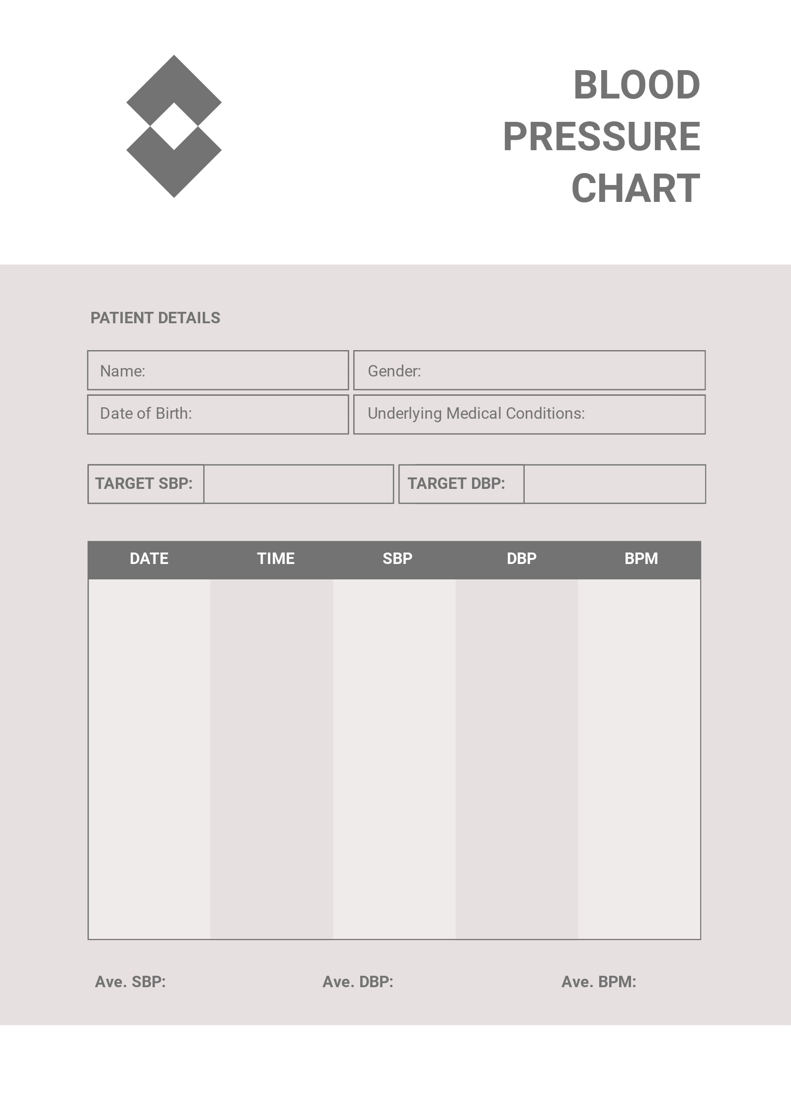 Blood Pressure Blank Chart Printable
