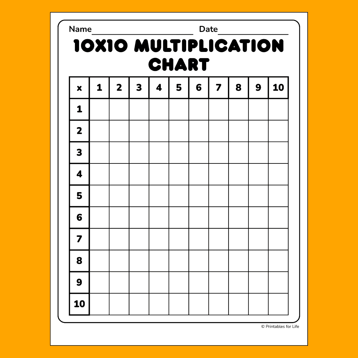 Multiplcation Chart Printable