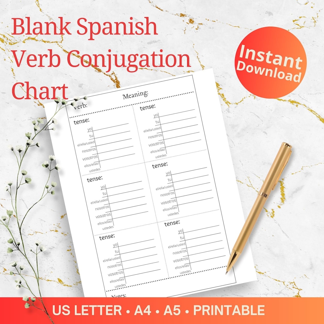 Blank Spanish Verb Conjugation Chart Printable Instant Download Etsy Israel
