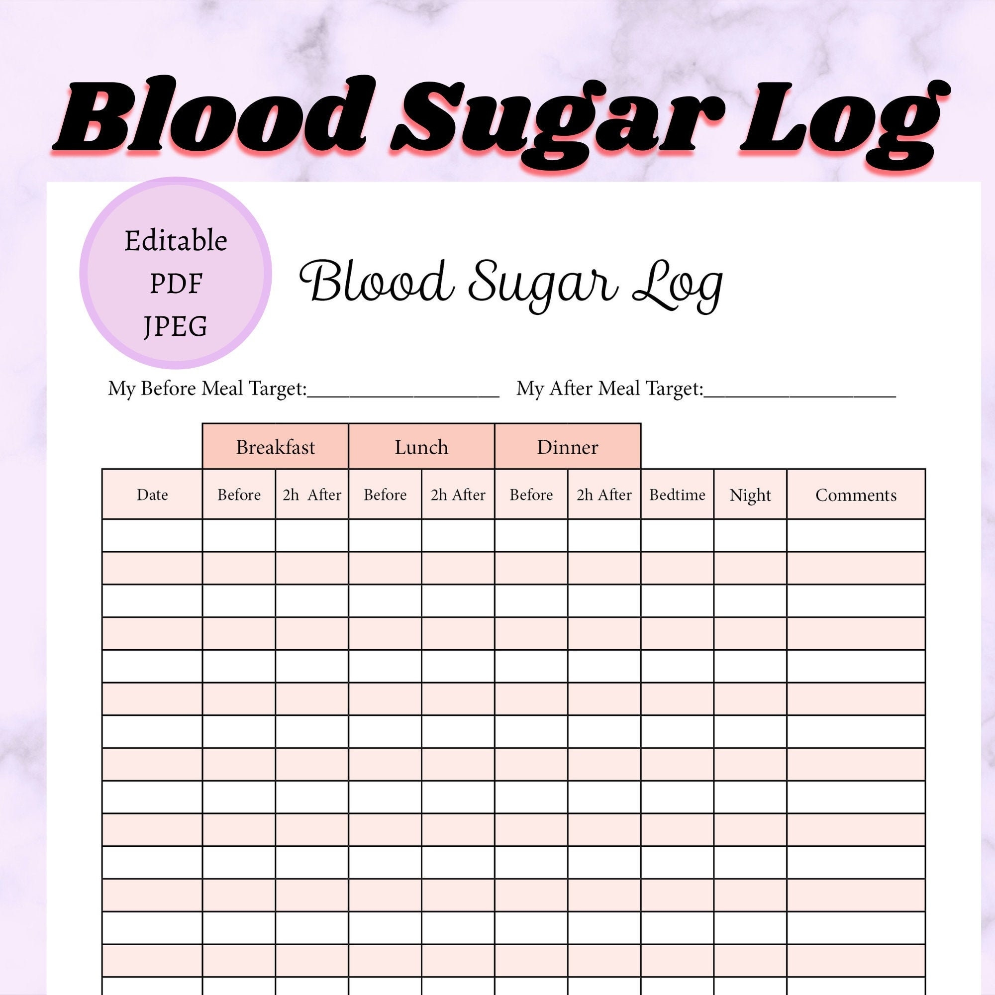 Blood Sugar Editable PDF And Printable JPEG In Black white And Color Versions Great Way To Log Your Glucose Levels Before After Meals Etsy