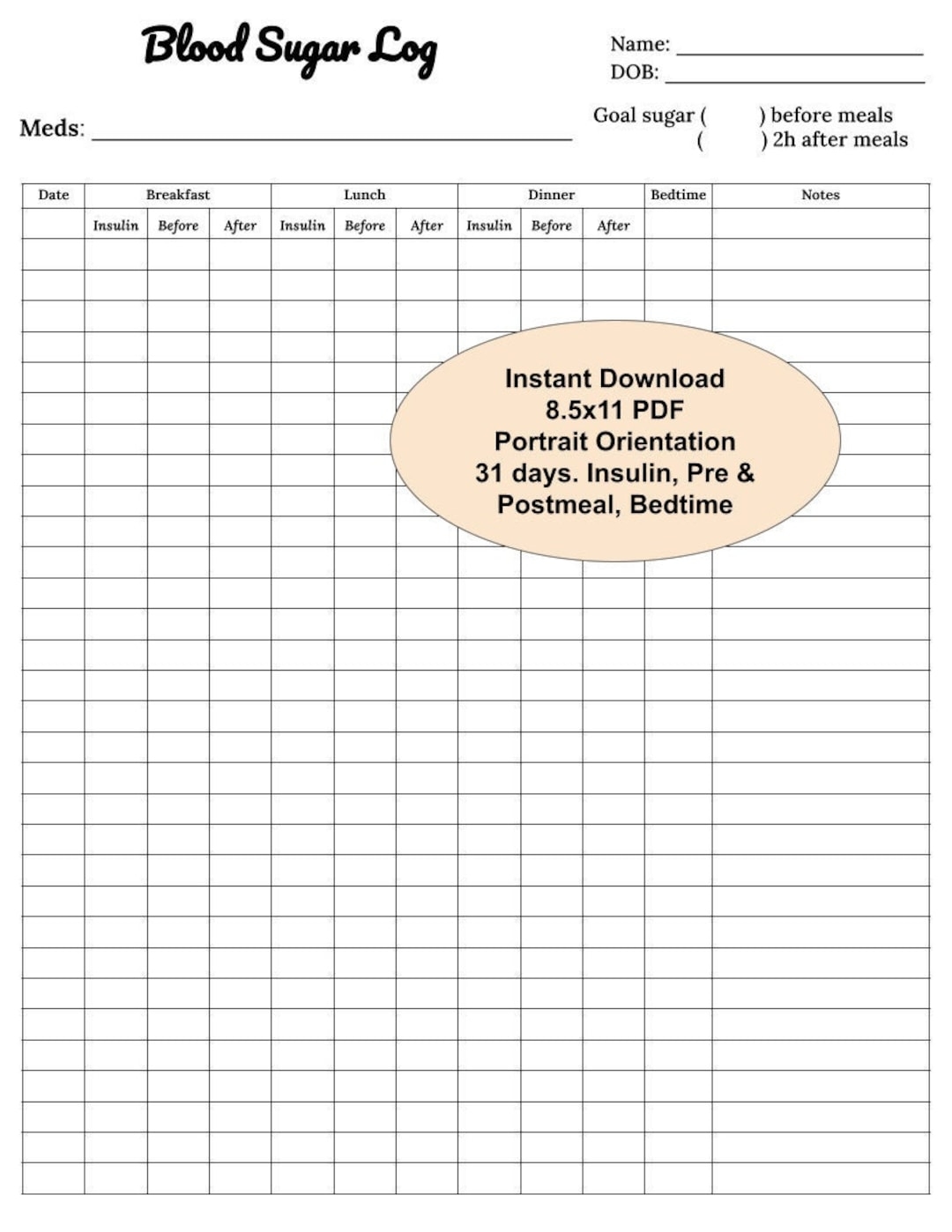 Blood Sugar Logs Bundle Endocrinologist Approved Printable Blood Glucose Log Diabetes Log Instant Download Etsy