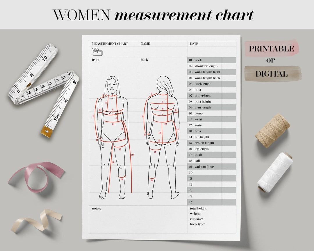 Body Size Chart Printable Digital Women Body Measurement Template Sewing Size Chart Body Measurements Tracker fillable Fashion Measurement Etsy