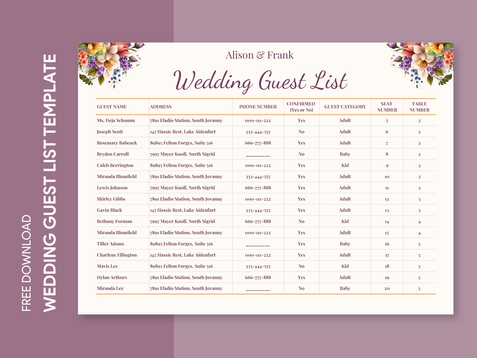 Casual Wedding Guest List Free Google Sheets Template By Gdoc On Dribbble