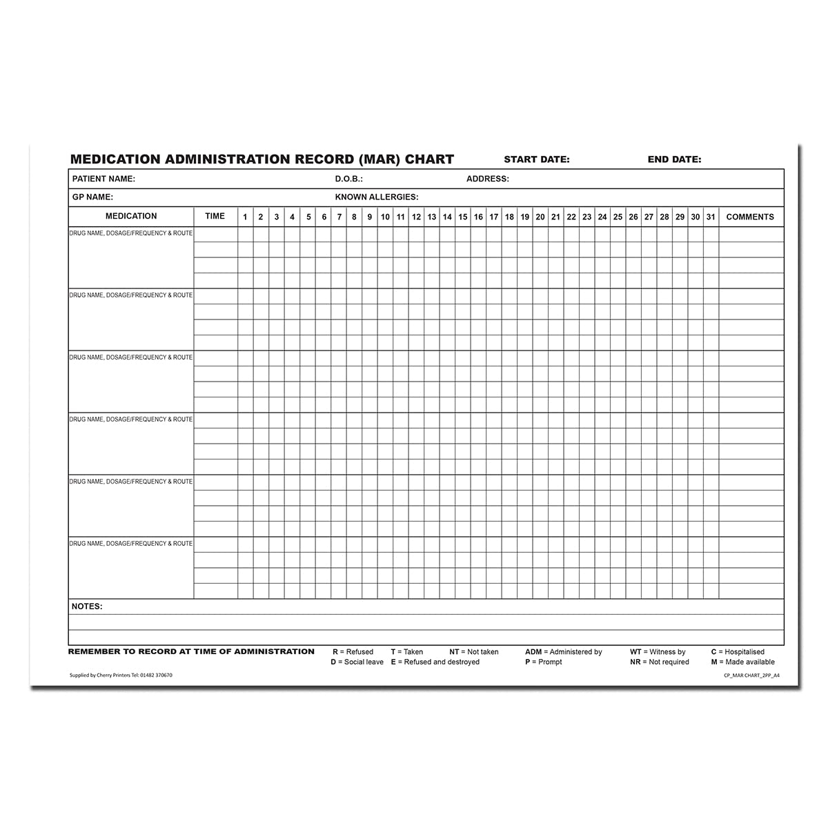 Cherry MAR Chart Medication Administration Record Book A4 100pages 80gsm BigaMart