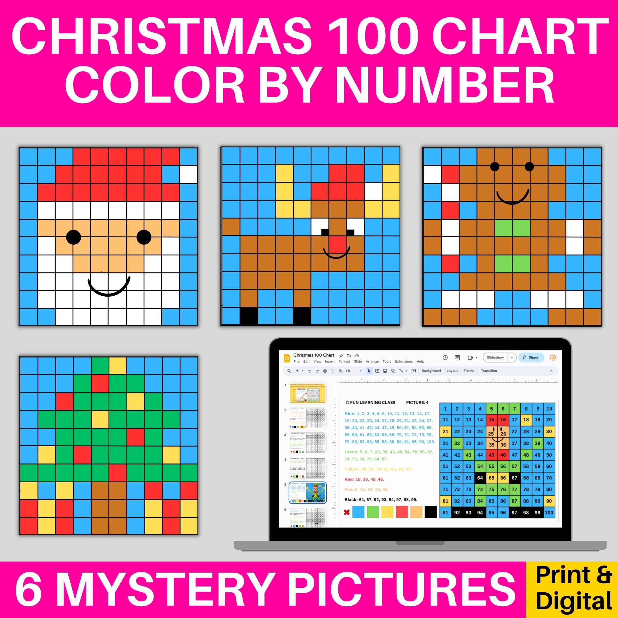 Christmas 100s Hundred Chart Mystery Pictures Coloring Pages Digital Print Made By Teachers