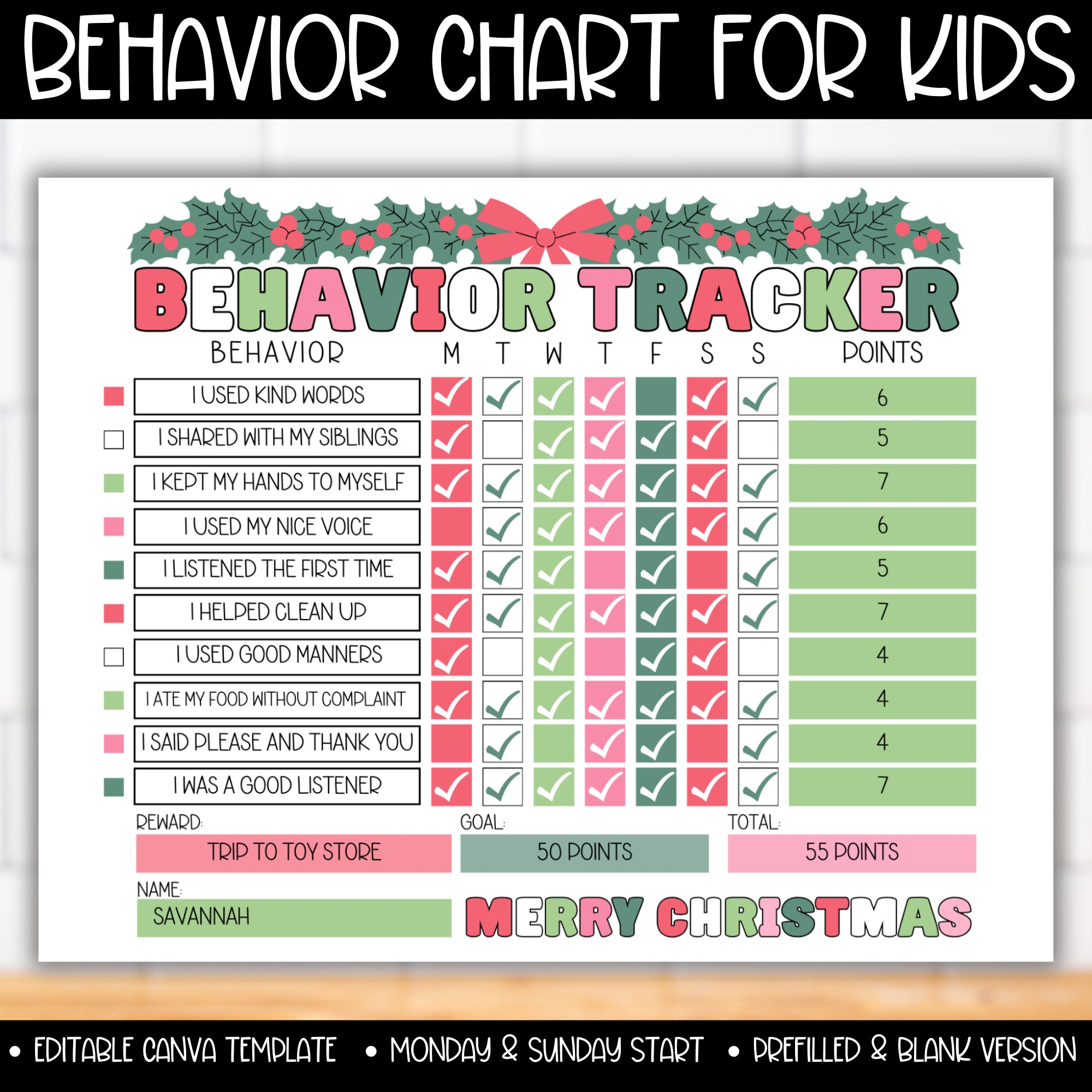 Christmas Editable Behavior Tracker For Kids Holiday Classroom Student Behavior Chart Behavior Chart For Preschool Kindergarten Toddler Etsy