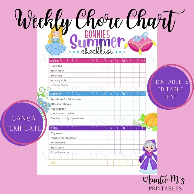 Cinderella Kids Checklist Responsibility Chart Fully Editable Daily Weekly Routine Reward System Personalized Printable To Do List Etsy
