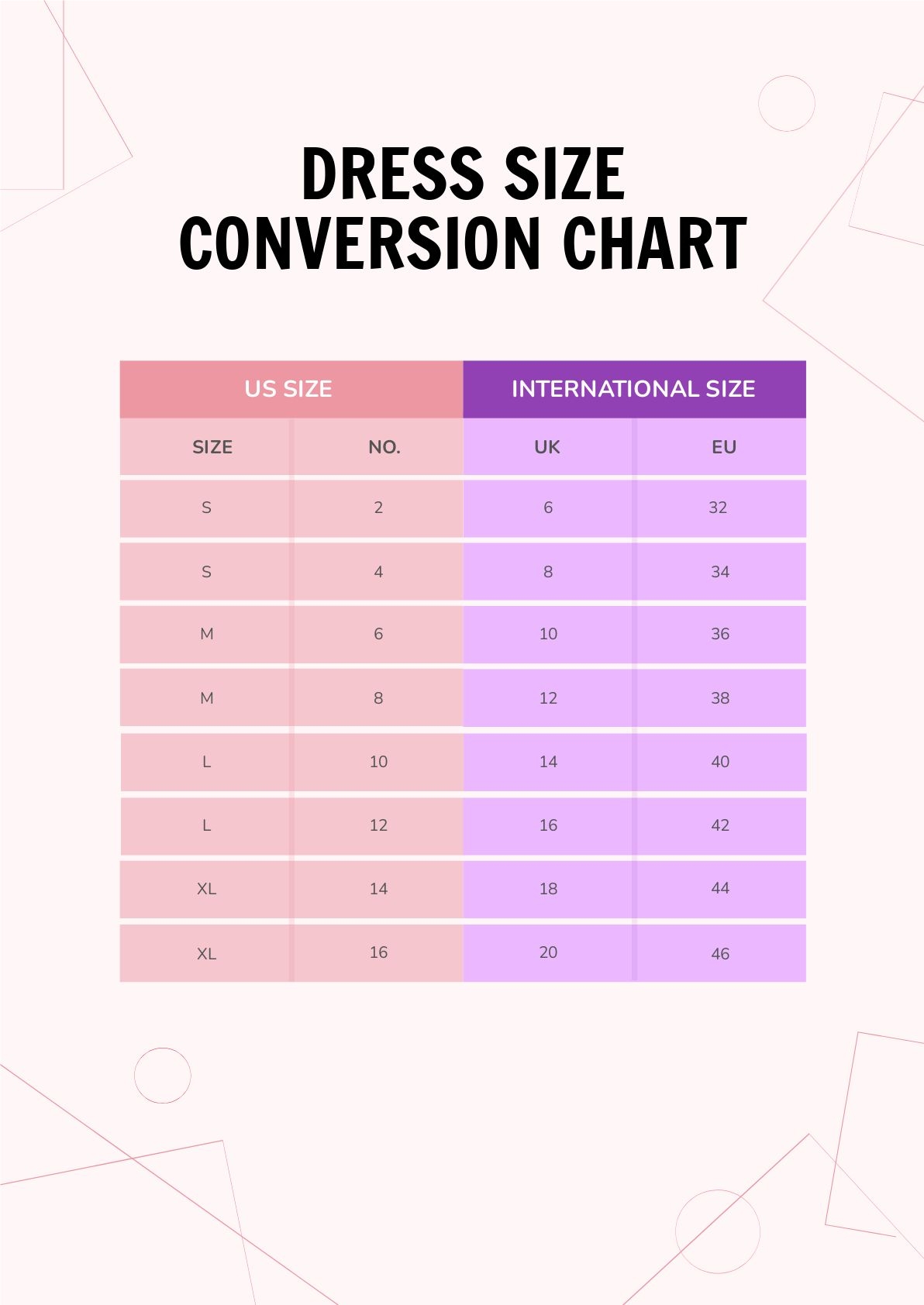 Clothing Size Conversion Chart In PDF Illustrator Download Template