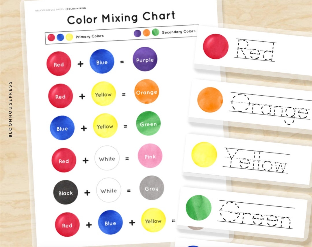 Color Mixing Chart Color Name Tracing Flashcards U0026 Color Mixing Play Dough Mat Primary Secondary Colors Learning Worksheet Kids PDF Etsy