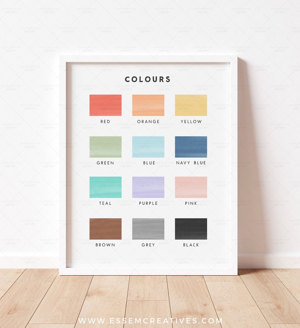Colors Poster For Kids Color Chart For Preschool Classroom Colours Print For Homeschool Decor Toddlers Playroom Decor Nursery Print RNBW Essem Creatives Watercolor Clipart Business Branding