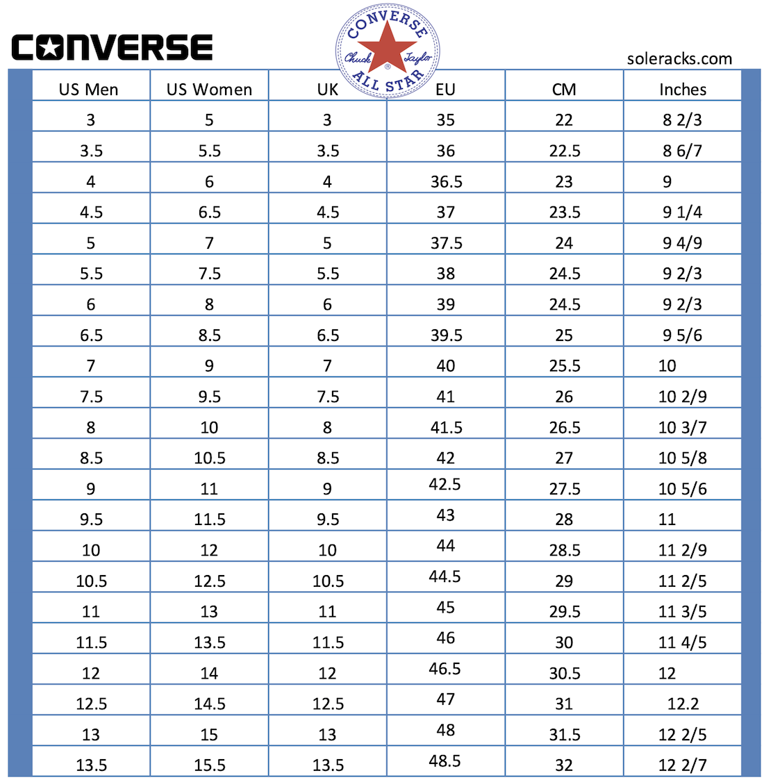 Converse Chuck Taylor Shoes Size Chart Soleracks