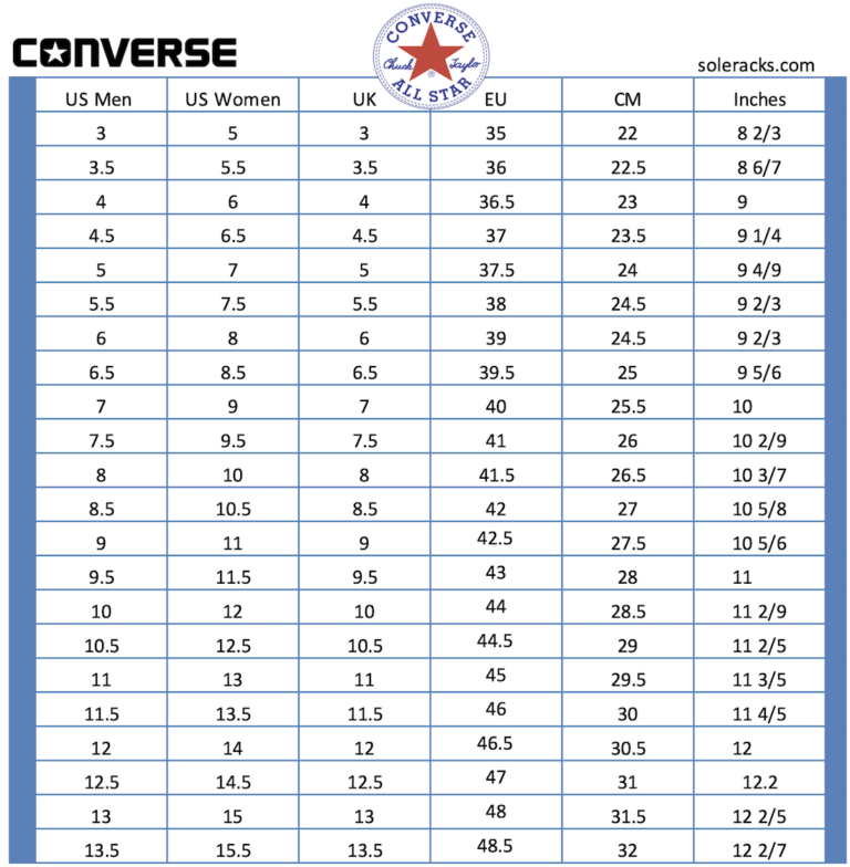 Converse Chuck Taylor Shoes Size Chart Soleracks