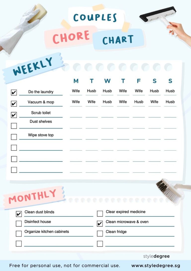Couple Household Chores Chart Free Printable Style Degree Style Degree