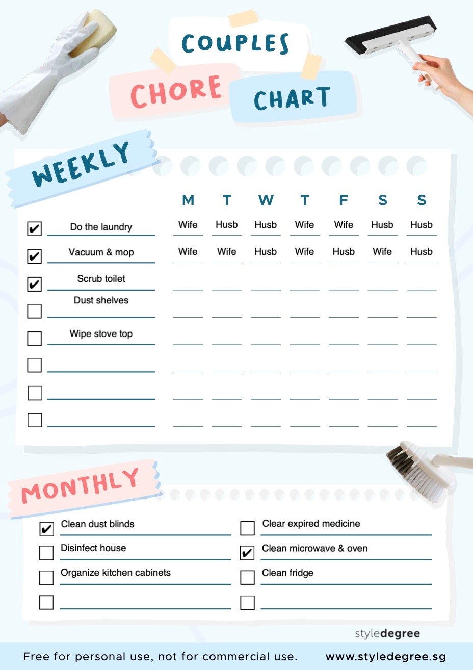 Couple Household Chores Chart Free Printable Style Degree Style Degree