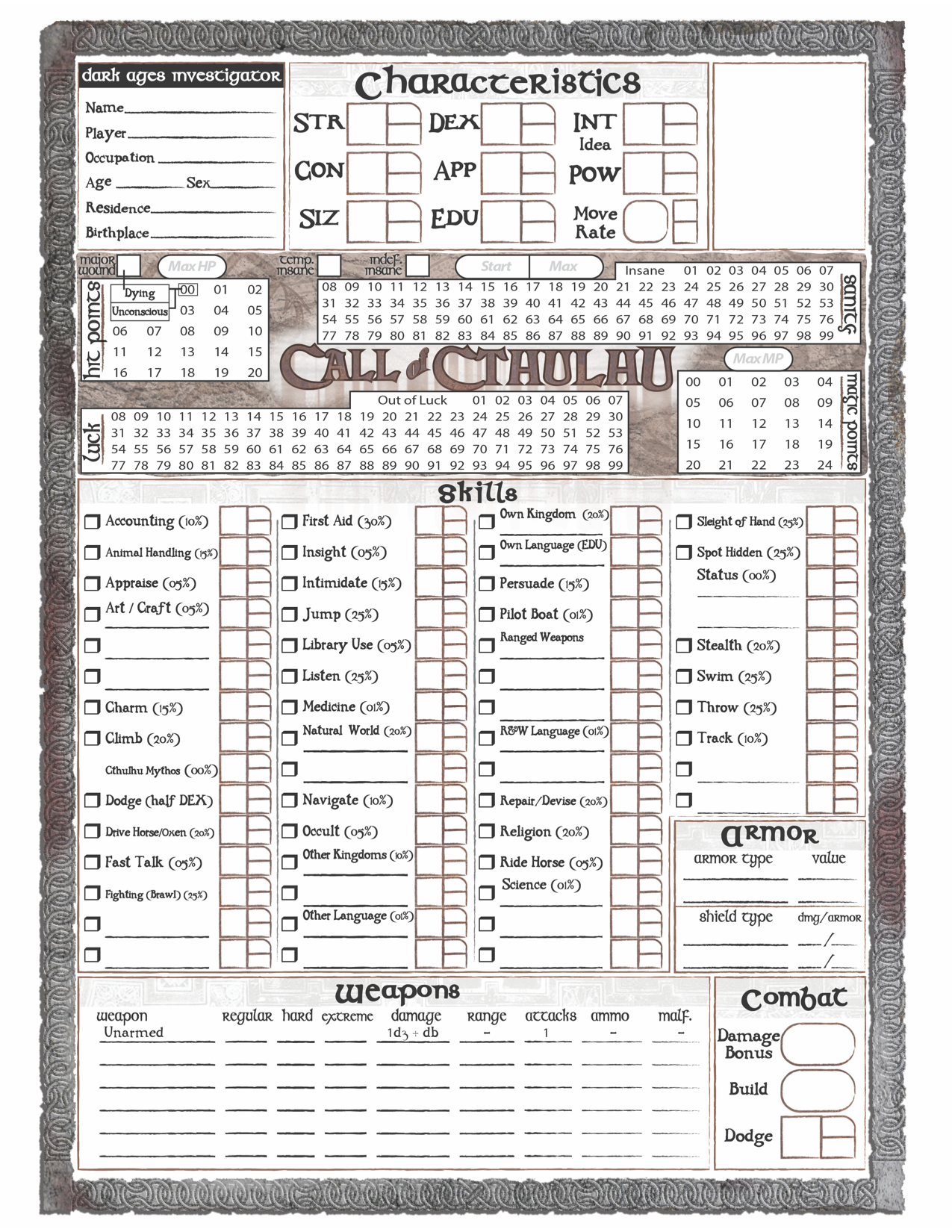Cthulhu Dark Ages Free Handouts And Pre gen Characters Call Of Cthulhu By Chaosium