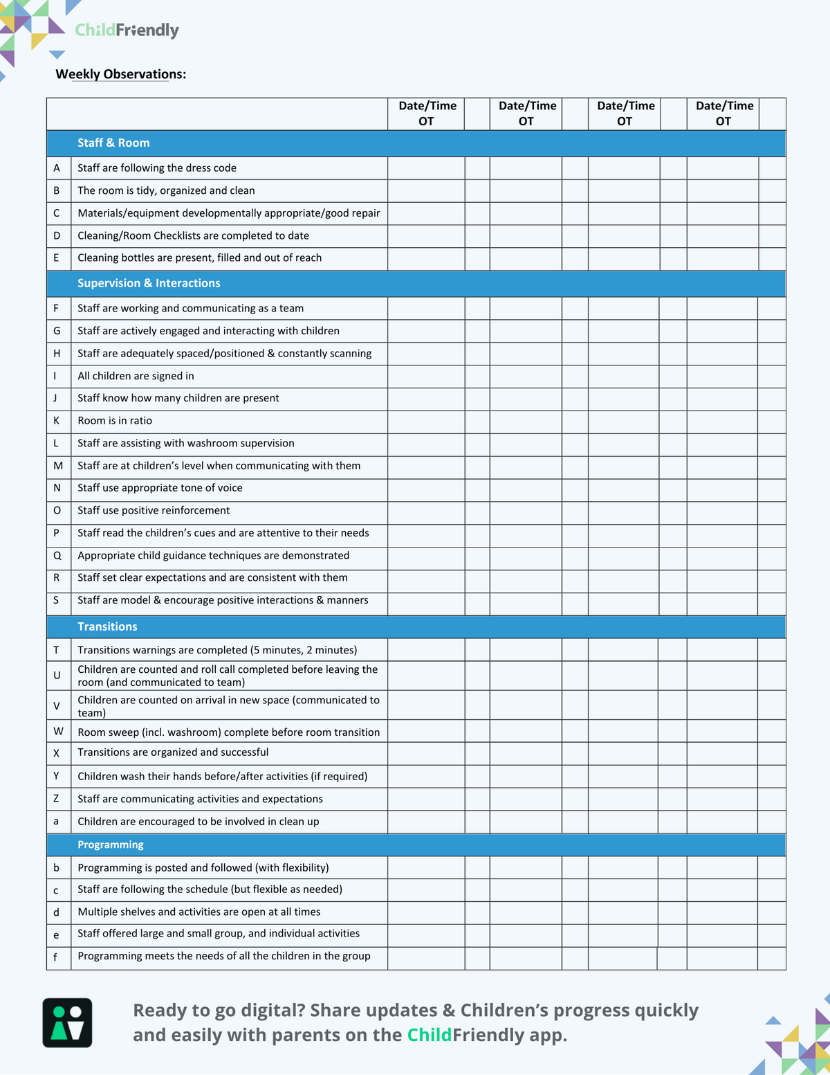 Printable Supervision Chart For Daycare