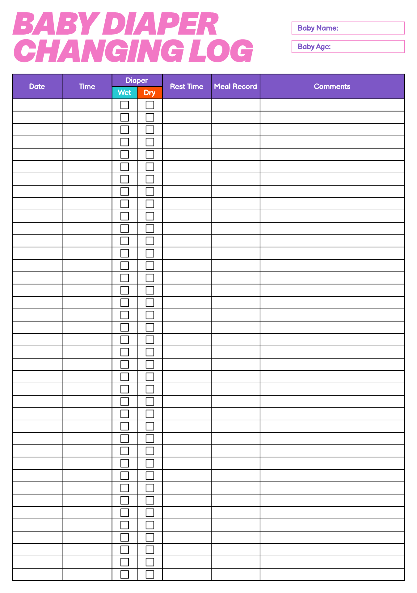 Diaper Changing Log 12 Free PDF Printables Printablee